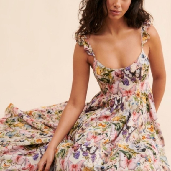 NWT Selkie Penny Lane Butterflies Printed Botanical Maxi Cotton Dress - Picture 3 of 14